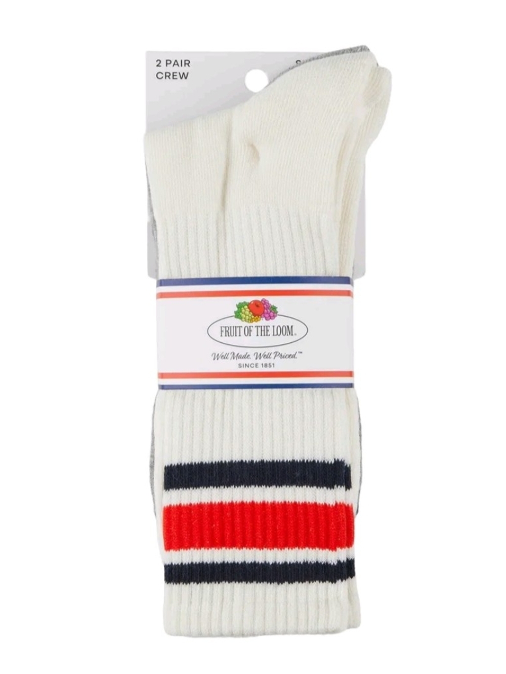 Fruit of the Loom Men’s Cream Crew Socks with Red & Navy Stripes - 2 Pair